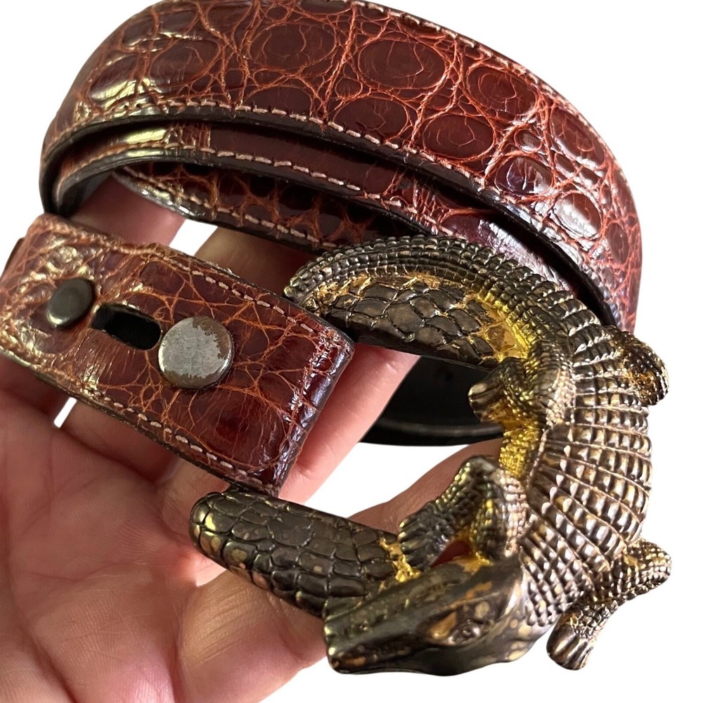 Jeff Deegan Designs Genuine Alligator Belt Gold Plate .925 Sterling Buckle Vtge - Picture 2 of 8
